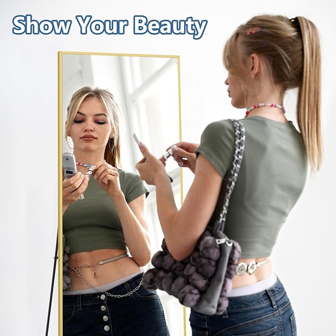 Full Length Mirror, 56"x18" Gold Floor Mirror with Stand, Rectangle Standing Mirror for Living Room Bedroom Cloakroom Gym, Thin Aluminum Frame, Tempered Glass-DeskLoop Office