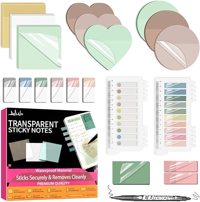 Transparent Sticky Notes,1120 Sheets Clear Sticky Notes with Pen, Waterproof Annotation Kit, Self-Adhesive Translucent Writable Index Tabs for Annotation Books, Bible Journaling Study Office School-DeskLoop Office