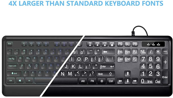 Large Print Backlit Keyboard, USB Wired Computer Keyboard, Full Size Keyboard with White Illuminated LED Compatible for Windows Desktop, Laptop, PC, Gaming, Black-DeskLoop Office