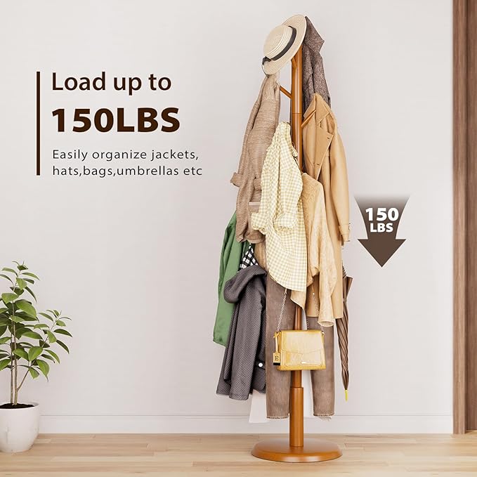 Solid Wood Coat Rack Freestanding Coat Tree with 10 Hooks for Bedroom, Livingroom, Entryway, Sturdy Coat Hanger Stand for Hats, Coats, Scarves, Handbags, Purses-DeskLoop Office