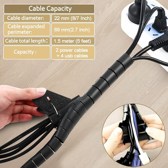 PC Cable Management Sleeve Tube Desk Cord Organizer 2 PCS Black, 7/8 inch -5 ft - Image 2