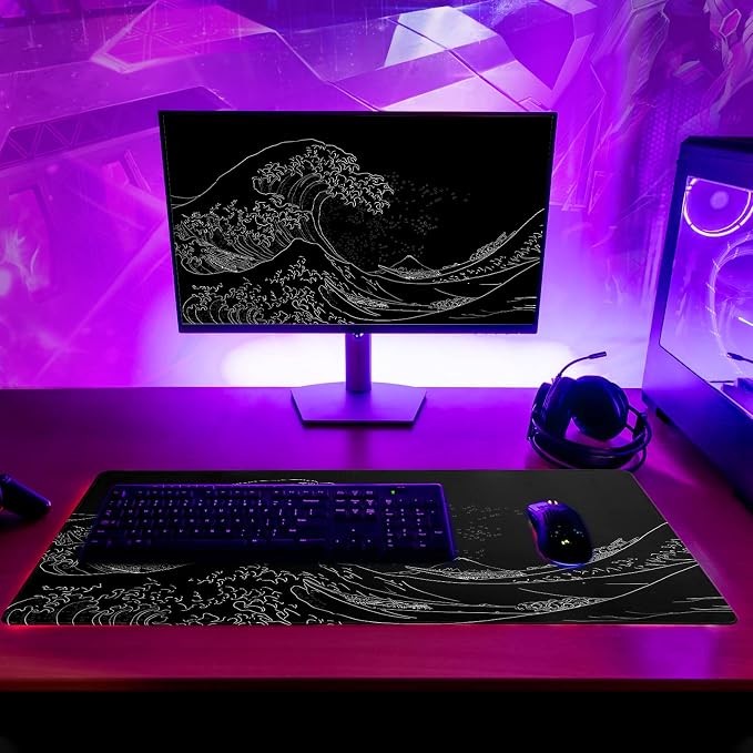 Brecoy Japanese Sea Wave Large Mouse Pad, Anime Black Gaming, Extended Kanagawa - Image 6