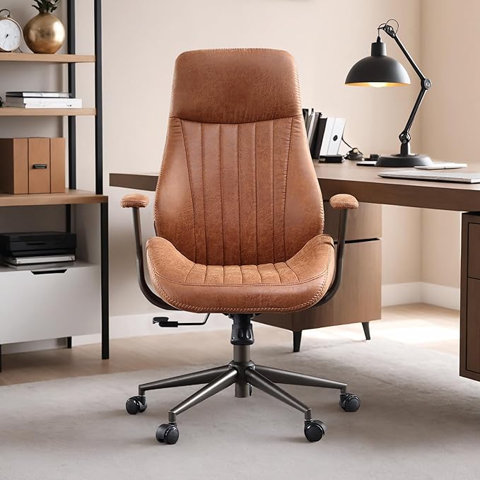 Mid Century Modren Office Chair - High Back Swivel Executive Chair with Lumbar Support,Ergonomic Computer Desk Chair with Wheels,Faux Lether Suede Task Chair,350lbs (Brown, High Back)-DeskLoop Office