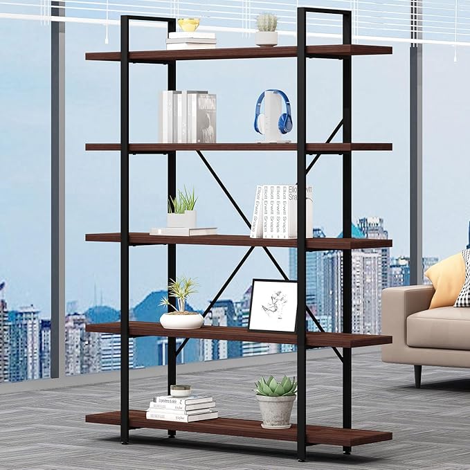 HSH Walnut 5 Tier Bookshelf, Tall Bookcases and Book Shelves 5 Shelf, Large Industrial Metal Wood Display Book Shelf Storage Rack, Rustic Open Bookcase Bookshelves for Bedroom Living Room Office-DeskLoop Office