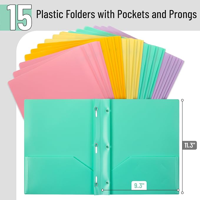 Mr. Pen- Plastic Folders with Pockets and Prongs, 15 Pack, Letter Size | Pastel - Image 2