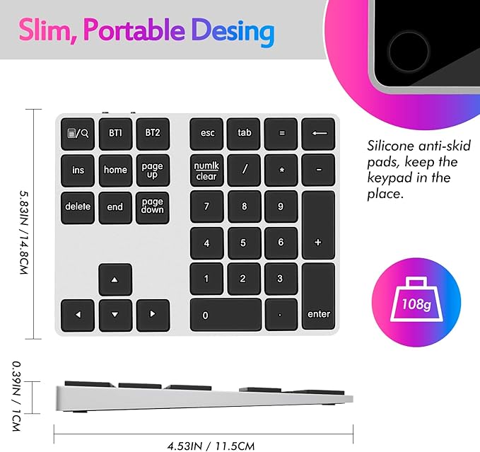 Foloda Bluetooth Number Keypad, Wireless 10 Keys Number Pad for Laptop, 34 Keys Rechargeable Numeric Numpad Key Pad Extensions Keyboard for Chromebook Notebook MacBook-DeskLoop Office