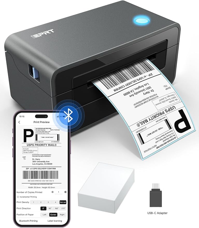 iDPRT Bluetooth Thermal Shipping Label Printer for Phone, 4x6, Supports Windows/Mac/iOS/Android, Ideal for Small Business and Shipping Packages-DeskLoop Office