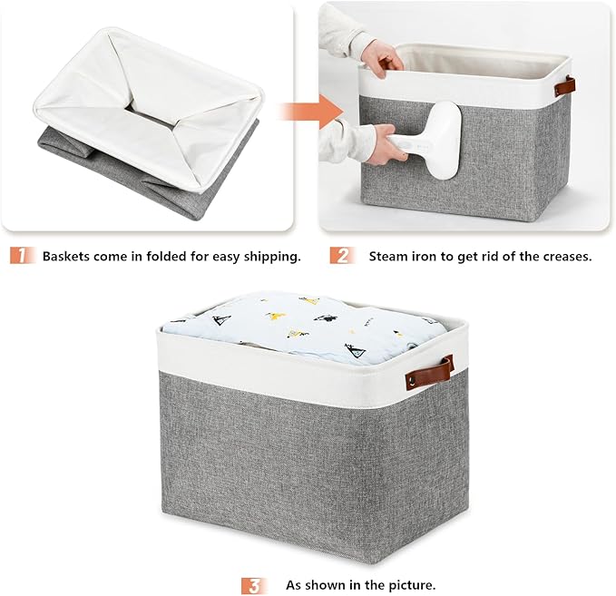 DULLEMELO Large Storage Baskets, Fabric Storage Basket with Leather Handles for Shelves Closet Nursery Toy Storage, Collapsible Fabric Baskets for Toy Book Magazine Towel Organizers(White&Gray)-DeskLoop Office