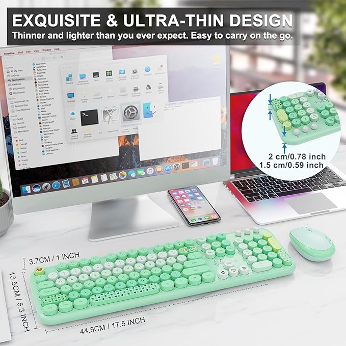FOPETT Wireless Keyboard and Mouse Combo - 2.4G Full-Sized Cute Colorful Retro Keyboard with Round Keycaps 104 Keys Typewriter Keyboard for Laptop/Windows/PC-Green Colorful-DeskLoop Office