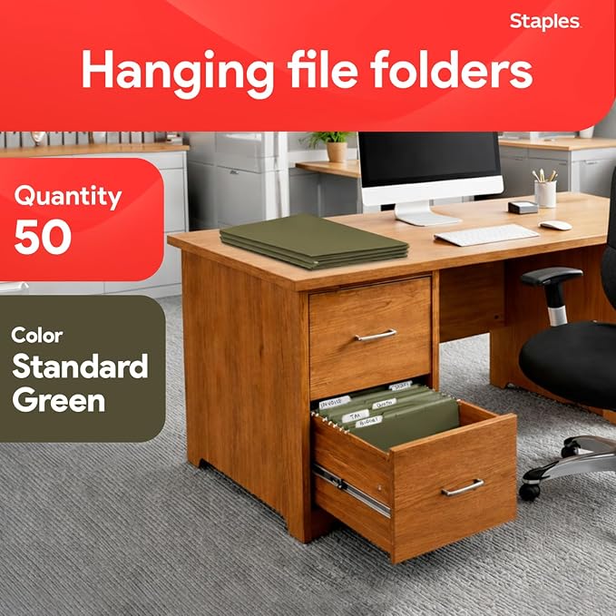 Staples Hanging File Folders, Legal Size, 1/5‑Cut Tabs, Standard Green - Image 2