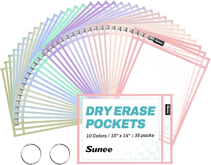 SUNEE 35 Packs Oversized Reusable Dry Erase Pocket Sleeves by SUNEE
