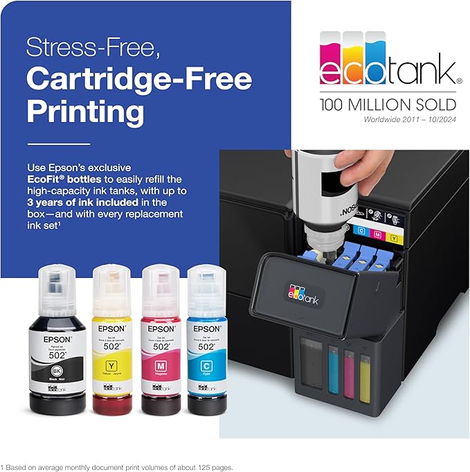 Epson EcoTank ET-2980 Wireless All-in-One Color Supertank Printer with up to 3 Years of Ink, Refillable Tanks, Perfect for Home, 15 PPM, 1.44" Color Screen, Auto 2-Sided Printing - Black-DeskLoop Office