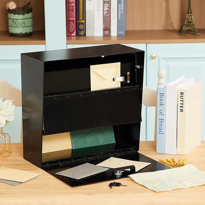 Extra Large Wall Mount Mailboxes for Outside 15.35 x 15 x 7 Inches Locking Security Mail Box Galvanized Steel Wall Mailbox Large Capacity Post Box with Key Lock and Reflective Stickers(Black)-DeskLoop Office