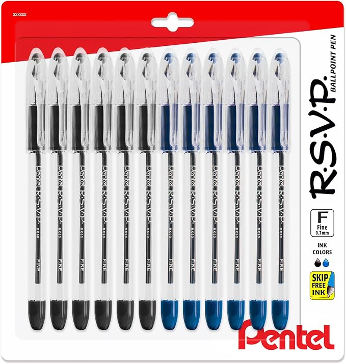 Pentel RSVP Ballpoint Pens, 0.7mm Fine Point, 6 Black & 6 Blue Ink Pentel Pens by PentelofAmerica
