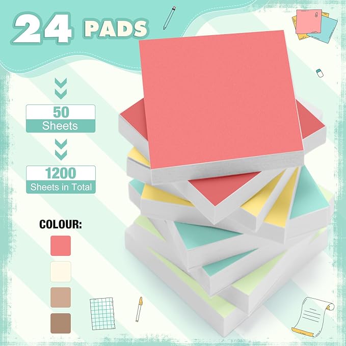 Fainne 24 Pack Sticky Notes Bulk Back to School Supplies Self Stick Note Pads Paper Memo for Office First Day of School Student Teacher Essentials (2 x 2 Inches,Bright Color)-DeskLoop Office
