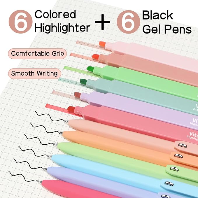 Piochoo Aesthetic Highlighters and Gel Pens, 12 Pack, 0.5mm Black Ink Pens - Image 2