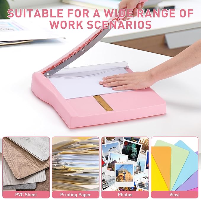 Paper Cutter, Paper Trimmer with Safety Guard, 12" Cut Length Paper Slicer with 16 Sheet Capacity Paper Cutting Board,Guillotine Paper Cutters and Trimmers for Cardstock Cardboard Vinyl (Pink)-DeskLoop Office