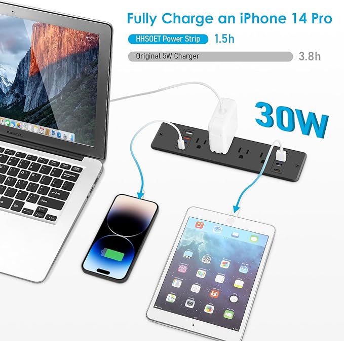 HHSOET 8 Outlet Recessed Power Strip, 30W Fast Charging Furniture Power Outlet USB C, Flush Mount Surge Protection Socket with 4 USB-A and 4 USB-C, 6ft Power Cord. (Black)-DeskLoop Office