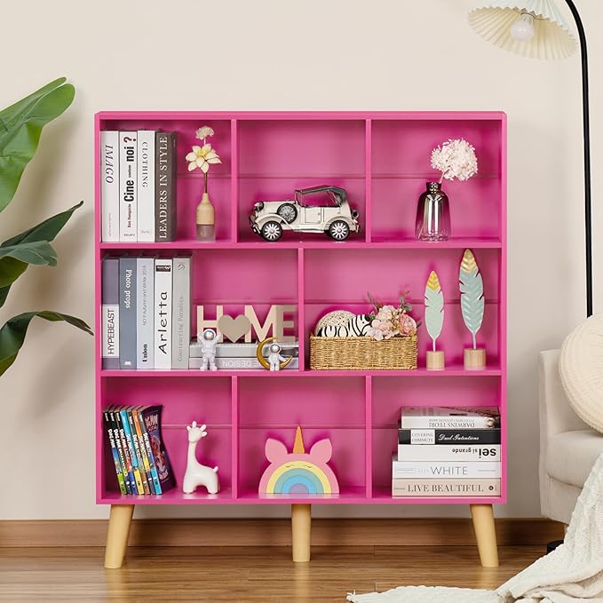 LEYAOYAO Bookshelf,3 Tier Book Shelf with Legs,Pink Modern Bookshelf,Large Freestanding Open Modern Bookshelves,Display Bookcases Decor Furniture for Nursery-DeskLoop Office