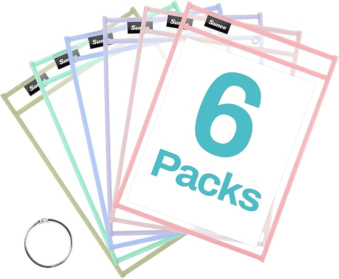 SUNEE 6 Packs Oversized Reusable Dry Erase Pocket Sleeves by SUNEE