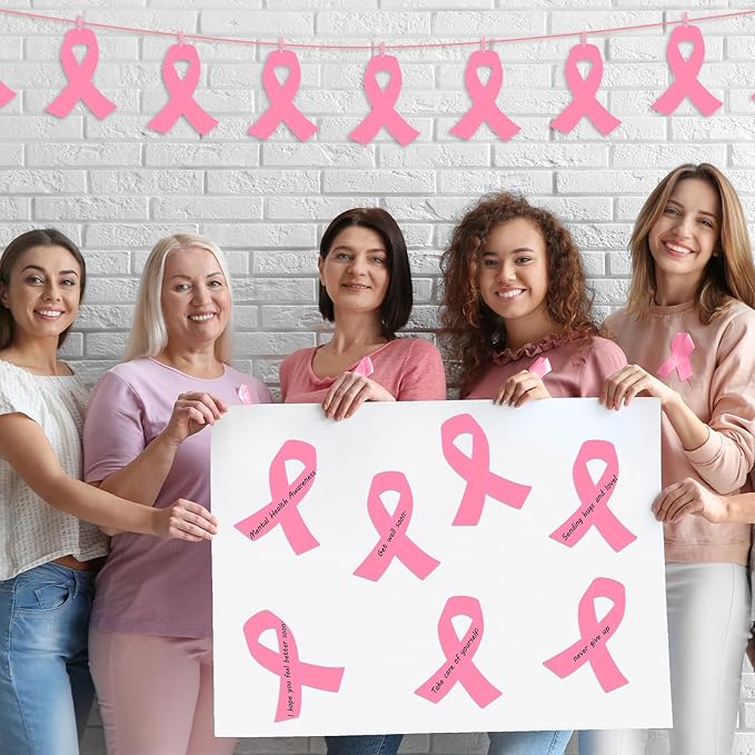 Kosiz 100 Pack Large Pink Ribbon Set 100 Breast Cancer Awareness Cutouts 2 Marker Pens 100 Wooden Clips with Rope Pink Ribbon Breast Cancer Awareness Items for Women Charity Support Supplies-DeskLoop Office