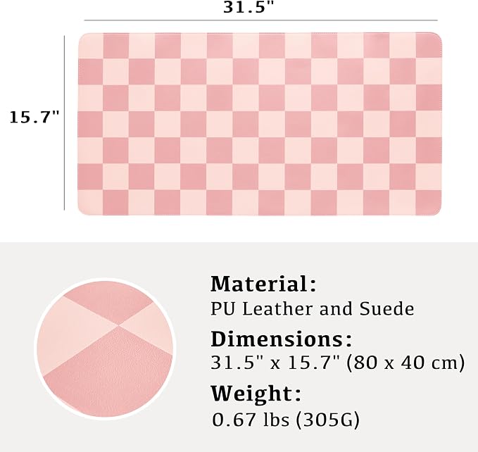 Ohocut Checkered Desk Mat, 31.5" x 15.7" Large Cute Coral Pink Aesthetic Retro - Image 3
