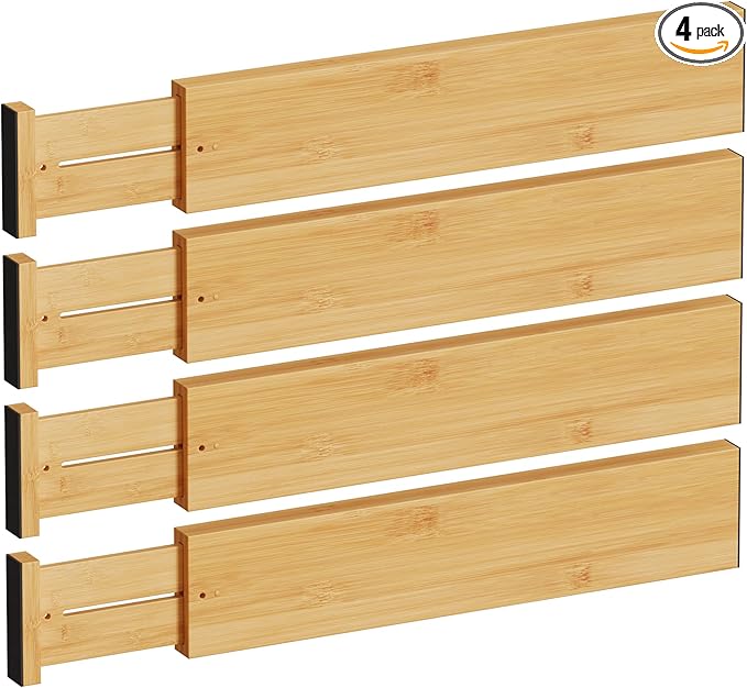 BAMEOS 4" High Drawer Dividers Bamboo Separators Organization Expandable Organizers for Kitchen Bedroom Bathroom Dresser Office 4-pack-DeskLoop Office