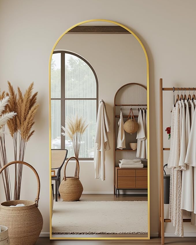 Full-Length Floor Mirror with Stand, 68"x26" Arched Style Full Body Standing Mirror for Bedroom, Living Room, Gym, Dorm - Shatter-Resistant & Easy Assembly, Gold-DeskLoop Office