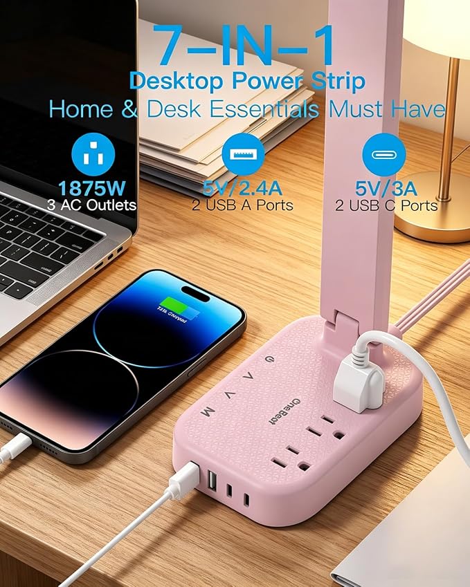 One Beat Small LED Desk Lamp Power Strip 5ft Extension Cord - Image 2