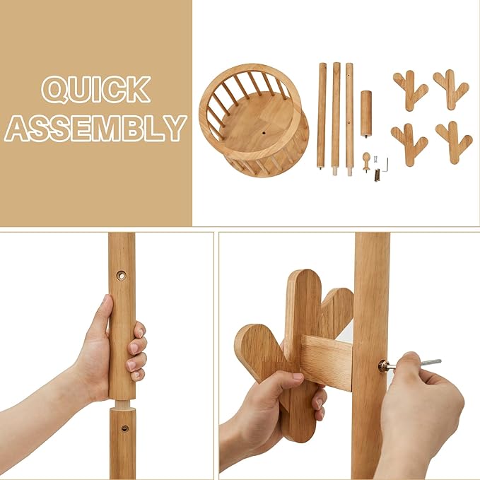 Uniclinens Solid Wood Coat Rack Freestanding with Umbrella Holder, Tree Coat Rack Stand with Lockable Universal Casters & 12 Hooks for Entryway Bedroom, Natural-DeskLoop Office