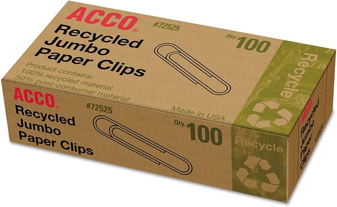 ACCO Recycled Paper Clips, Smooth Finish, Jumbo Size, 100 per Box, 10 Boxes per by ACCO+Brands