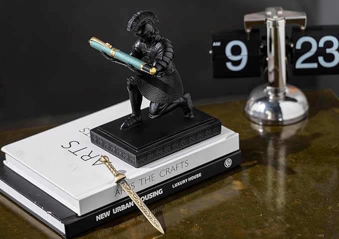 Roman Praetorian Warrior Knight Pen Holder Desk Ornament Resin Pencil Holder Desk Accessories and Organizer For Office with a Letter Opener (Black)-DeskLoop Office