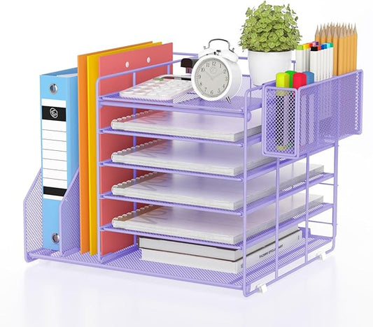 File Organizer for Desk 6 Tier Paper Organizer Letter Tray with File Holder Pen Holder, Mesh Office Desk Accessories & Workspace Organizers (Purple)
