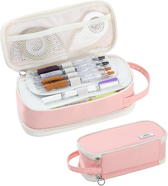 Pencil Case Large Zipper Pencil Pouch for Girls Kids Teens Adults Aesthetic Pencil Bag Stationery Organizer Pencil Case with Handle for School Pink-DeskLoop Office