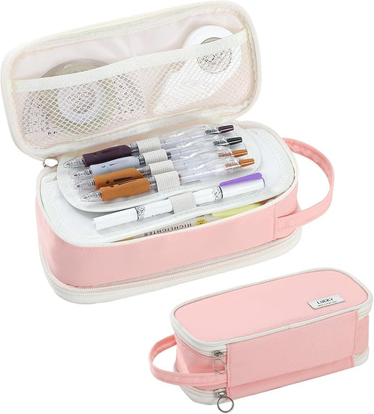 Pencil Case Large Zipper Pencil Pouch for Girls Kids Teens Adults Aesthetic Pencil Bag Stationery Organizer Pencil Case with Handle for School Pink-DeskLoop Office