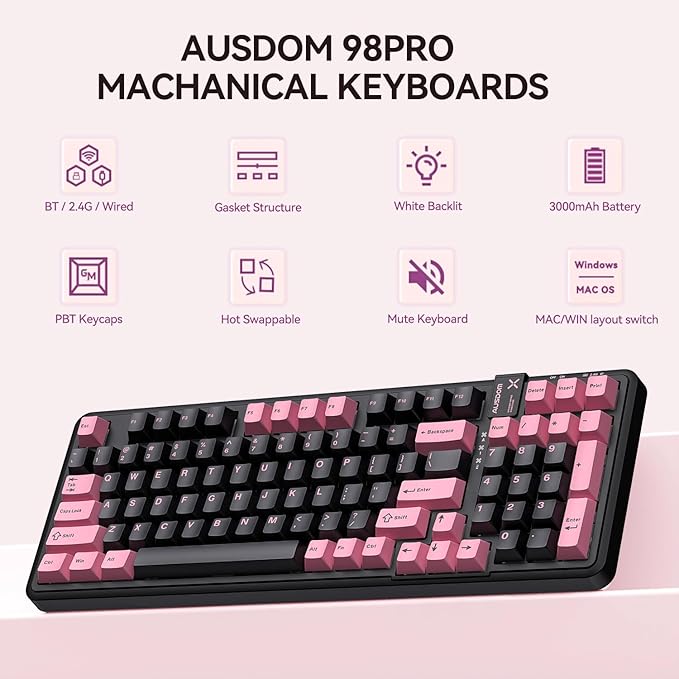 AUSDOM 98Pro Silent Wireless Mechanical Keyboard, Tri-Mode BT/2.4G/USB-C Hot Swappable Custom Quiet Keyboard with Backlit, Gasket Structure, PBT Keycaps, Pre-lubed Tactile Switches(Black Pink 97keys)-DeskLoop Office