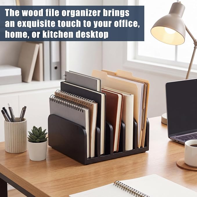Lineshading Bamboo Letter Organizer, 5 Compartments Desk Mail Organizer - Image 2