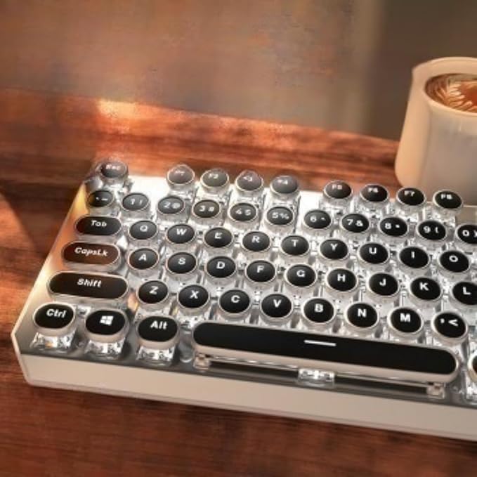 EWEADN Wireless Mechanical Typewriter Keyboard,80% Layout with White Backlit, Anti-Ghosting, Blue Switch Bluetooth/2.4GHz/USB-C Aesthetic Keyboard-Black-DeskLoop Office