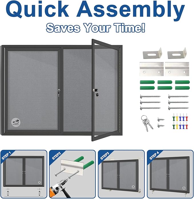 Weatherproof Enclosed Bulletin Board 44x32 Inch, Lockable Wall-Mounted Outdoor Grey Felt Noticeboard, Aluminum Frame Weather-Resistant Display Case for Office, School, Community-DeskLoop Office