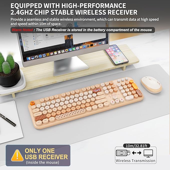 FOPETT Wireless Keyboard and Mouse Combo - 2.4G Full-Sized Cute Colorful Retro Keyboard with Round Keycaps 104 Keys Typewriter Keyboard for Laptop/Windows/PC - Milk Tea Colorful-DeskLoop Office