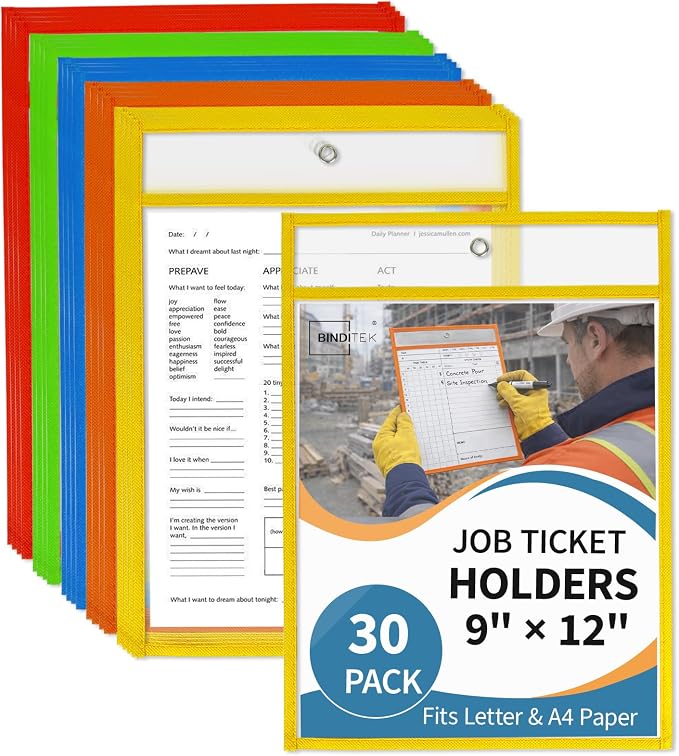 Binditek 30 Pack Heavy Duty Job Ticket Holders, 9 x 12 Inch Multicolor Dry by Binditek