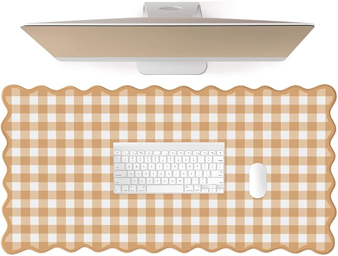 Scalloped‌ Orange Checkered Gingham Desk Mat Cute Pastel Large Mouse Pad Kawaii by Unknown