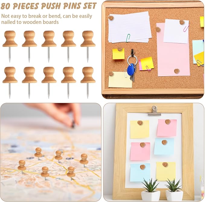 Sawysine 80 Pcs Wood Push Pins, Cute Thumb Tacks Decorative Push Pins - Image 6