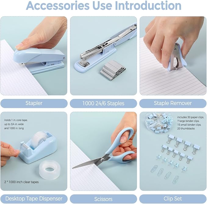 SKYDUE Blue Office Desk Accessories, Tape Dispenser, Clips and 1000pcs Staples - Image 2