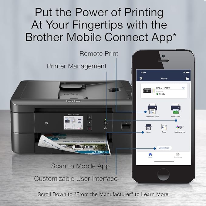 Brother MFC-J1170DW Wireless Color Inkjet All-in-One Printer, NFC One-Touch Print, Duplex, Cloud Print & Scan, Mobile App Control, 2.7" Touchscreen, Works with Alexa-DeskLoop Office