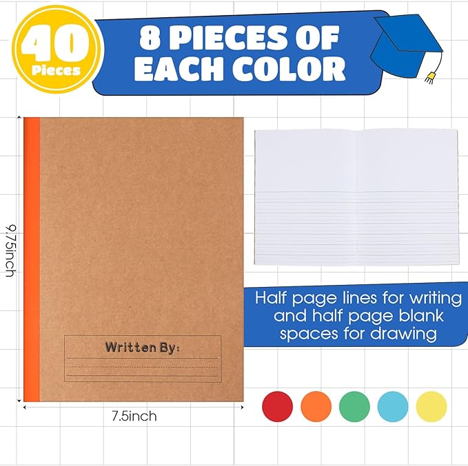 Henoyso 40 Pcs Primary Composition Notebook 9 3/4 x 7 1/2 Inch Kids Journal, Back to School Supplies, K-2 Primary Writing Notebook for Kids Student Draw and Write Story Journal (Bright Color)-DeskLoop Office