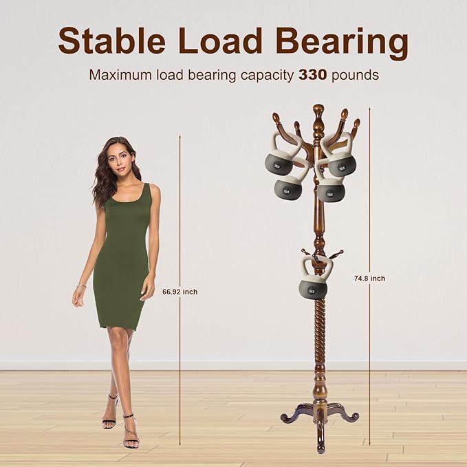 Solid Wood Coat Rack – 74.8" Freestanding Coat Racks Stand with 11 Hooks & Stable Base, Adjustable Height Modern Wooden Hall Tree for Entryway, Bedroom, Office, Home (Walnut Triangle)-DeskLoop Office