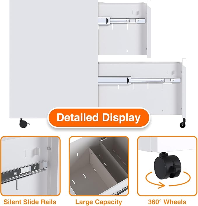Aobabo Metal 2 Drawer Office File Cabinet with Lock, Under Desk Office Steel Files Cabinet on Wheels, 25.6''H Legal/Letter A4 Size, Fully Assembled Except Wheels,White-DeskLoop Office