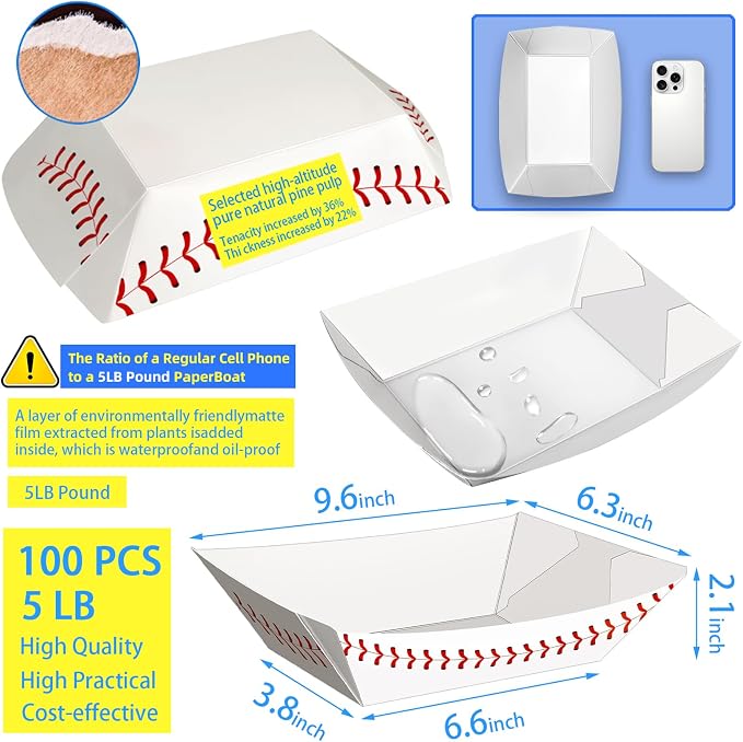 100Pack 5Lb Extra Large Paper Food Boat Trays, Baseball Birthday Decorations - Image 2