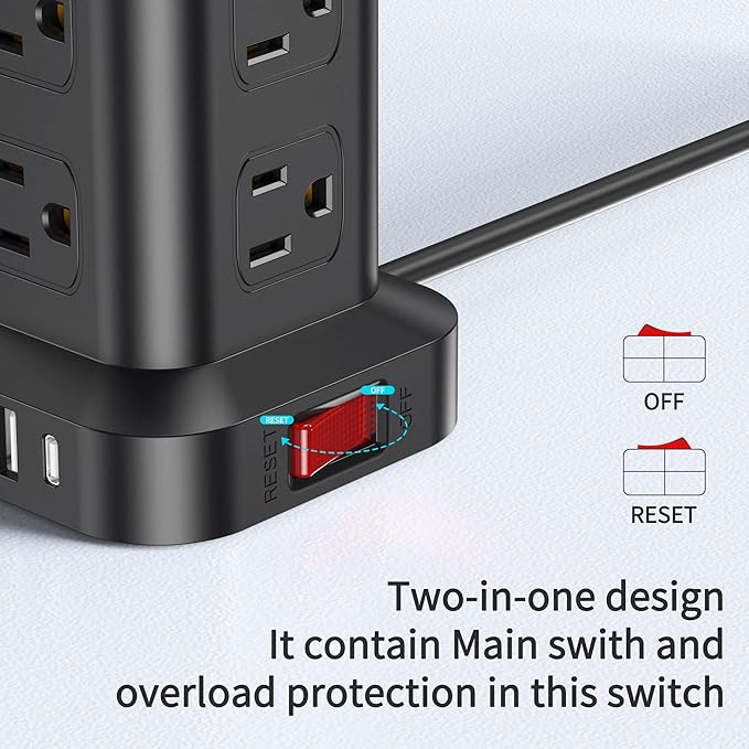 Extension Cord with Multiple Outlets, Surge Protector Power Strip Tower, 12 AC 4 USB，Surge Protector Tower 6.5FT Overload Protection for Home Office-DeskLoop Office